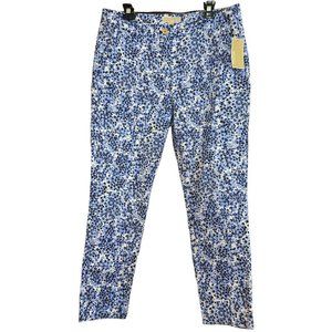 Michael Kors Women Ankle Capris Pant Blue White Floral Size 12 Logo Cruise NEW!